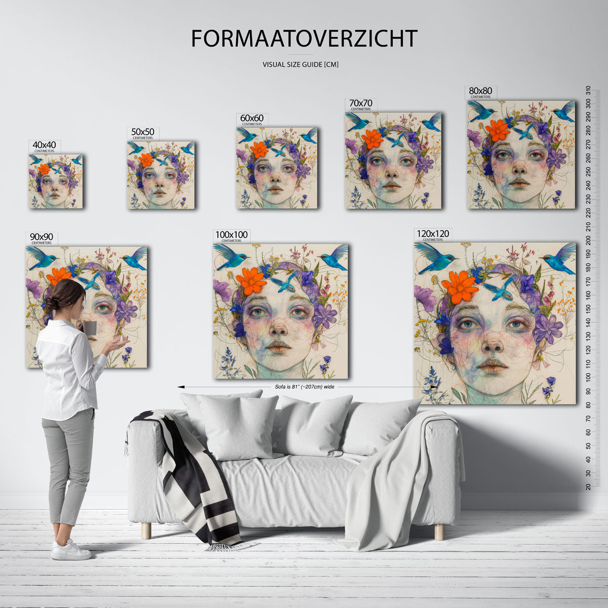 Vrouw met bloemen en vogels Poster