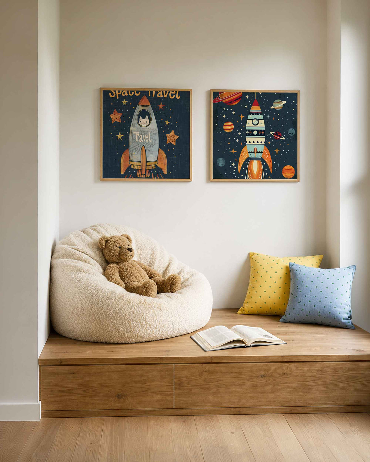 Interieurpresentatie van een tweedelige vierkante posterset met raket en planeten