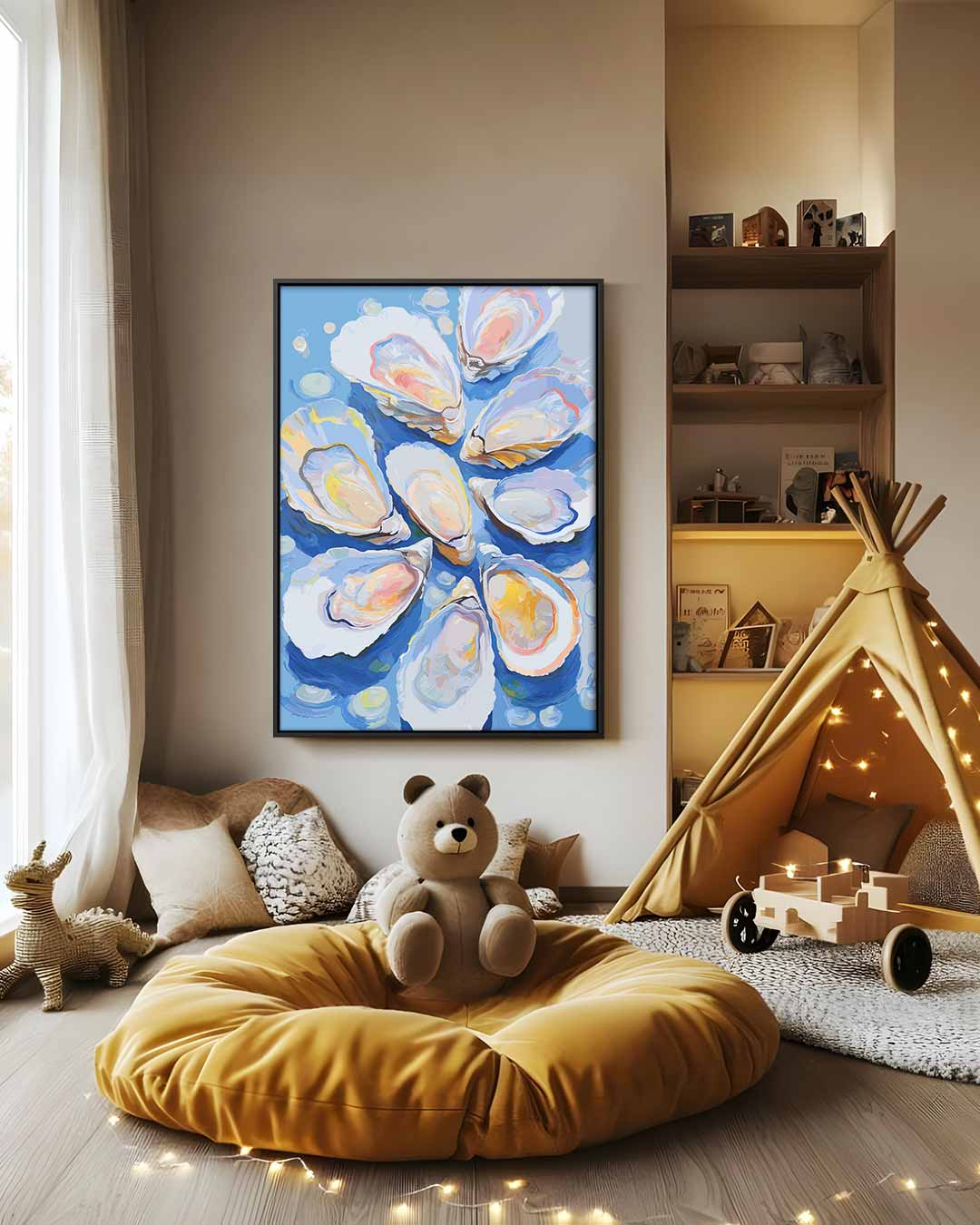 Dromerige Oesters op Blauw Kunstwerk-canvas-dibond-plexiglas-wanddecoratie-WallArtistic