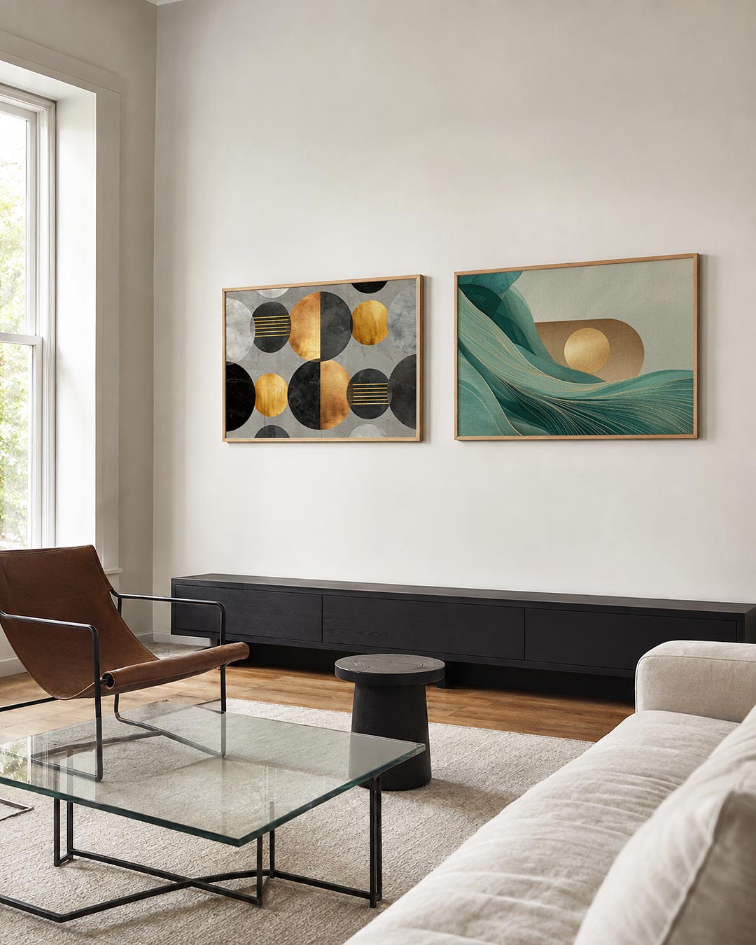 Twee liggende posters met cirkels in goud, zwart en grijs, aan de muur in een interieur