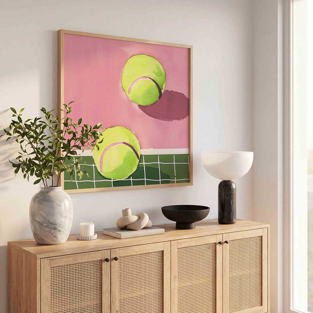 Tennisballen en net Poster