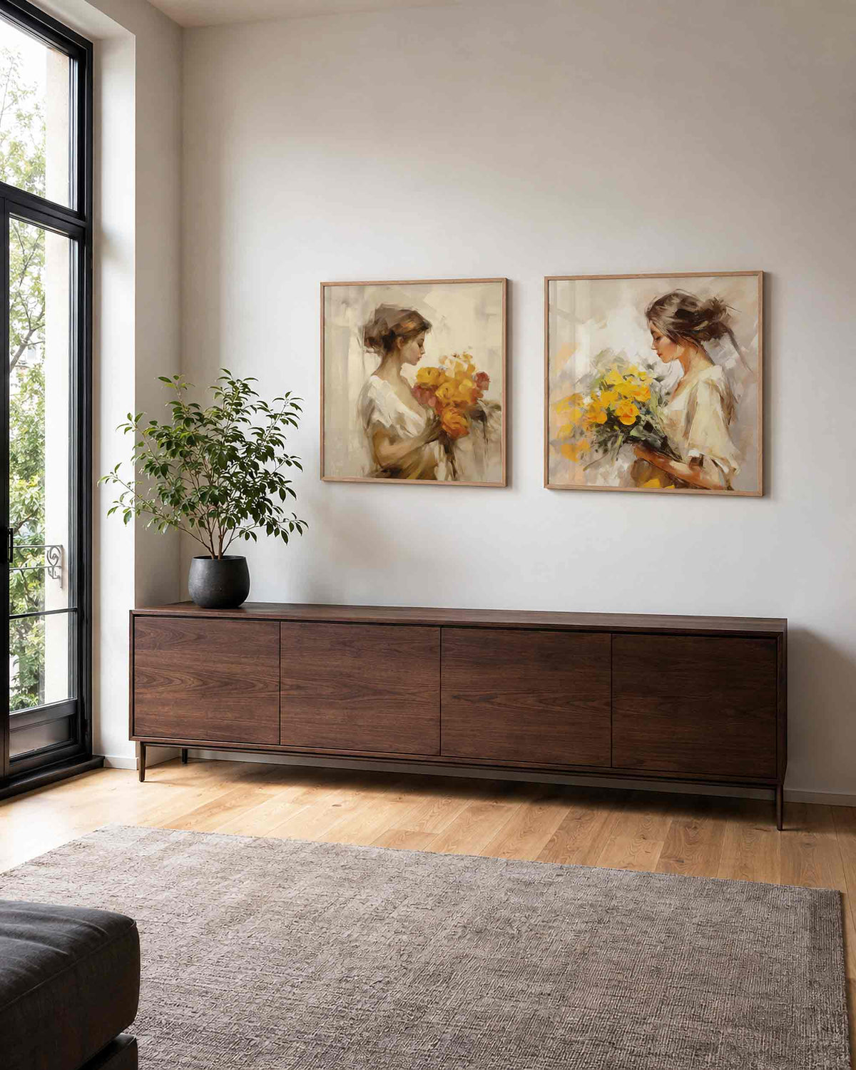 Interieurpresentatie van een tweedelige vierkante posterset met vrouwen met bloemen
