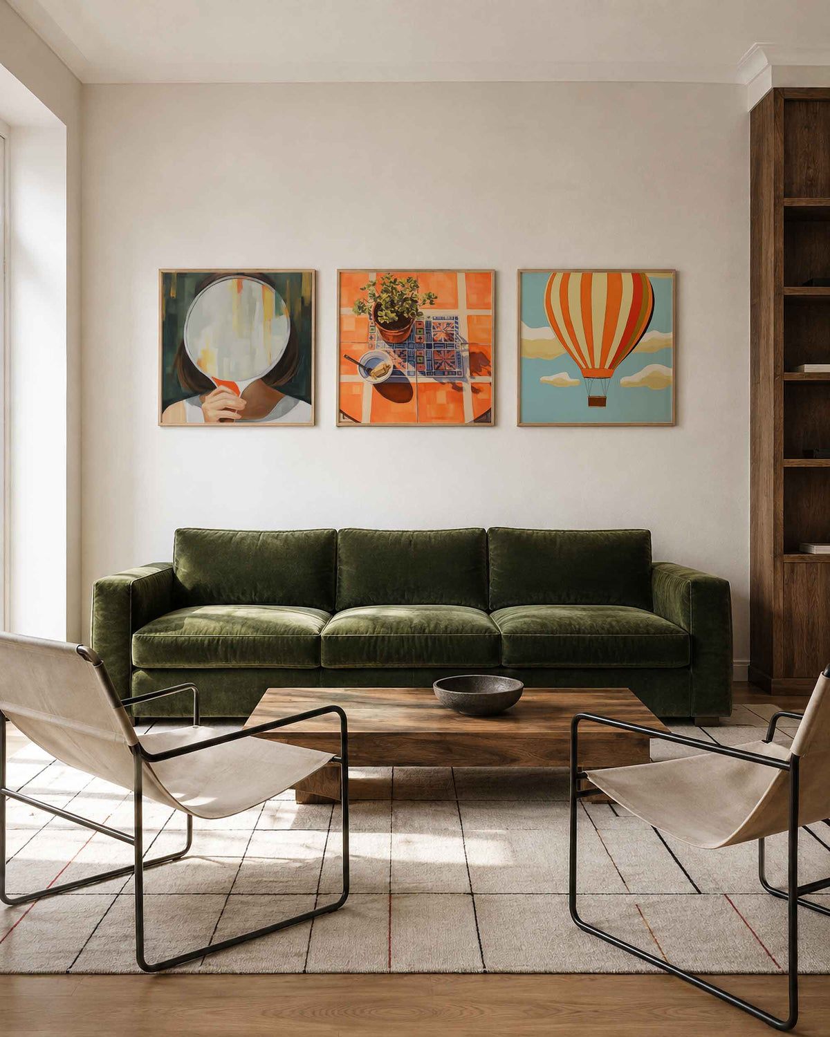 Interieurpresentatie van een driedelige vierkante posterset met spiegel plant luchtballon