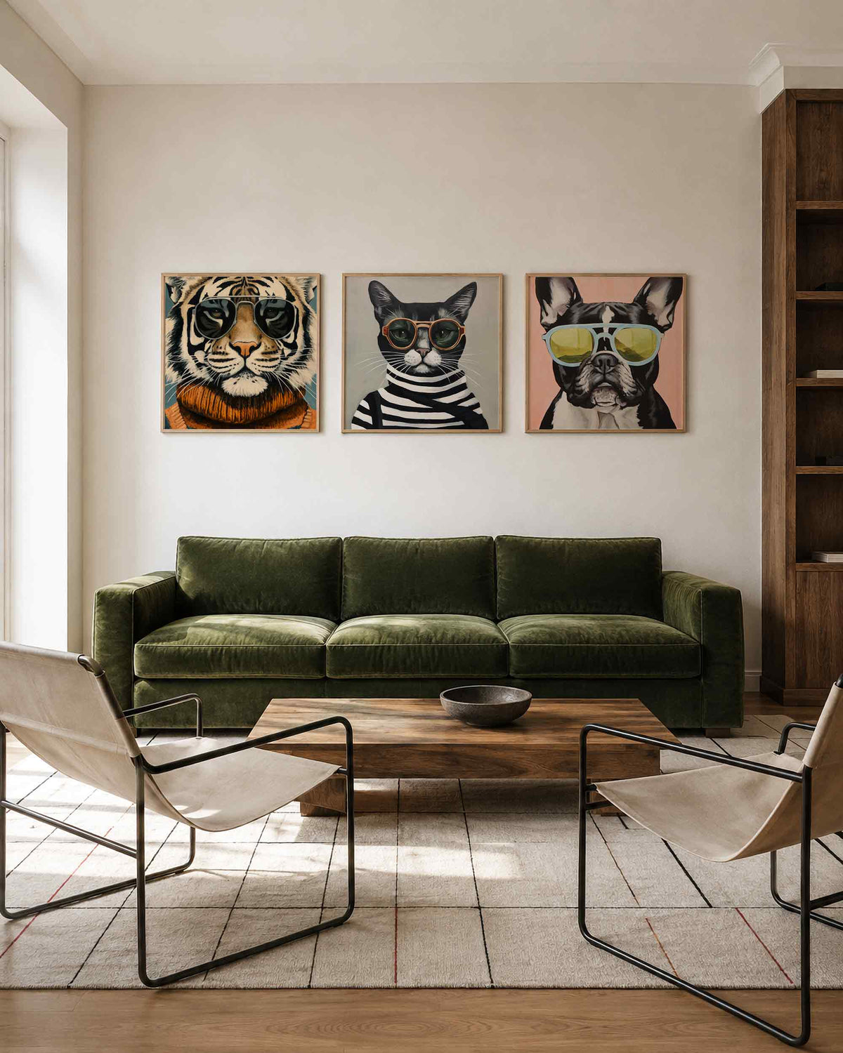 Interieurpresentatie van een driedelige vierkante posterset met dieren met zonnebrillen