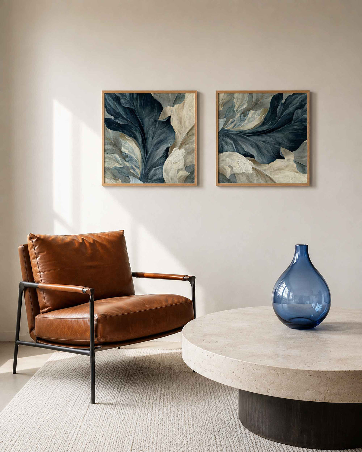 Interieurpresentatie van een tweedelige vierkante posterset met donkerblauwe veren