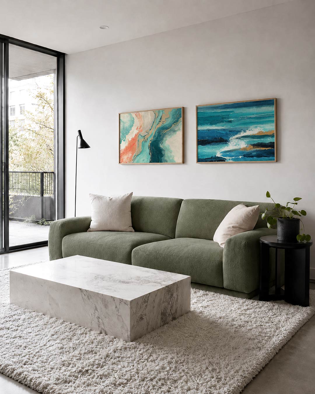 Tweedelige posterset met een dynamische mengeling van turquoise, koraal en goud, getoond in een interieur