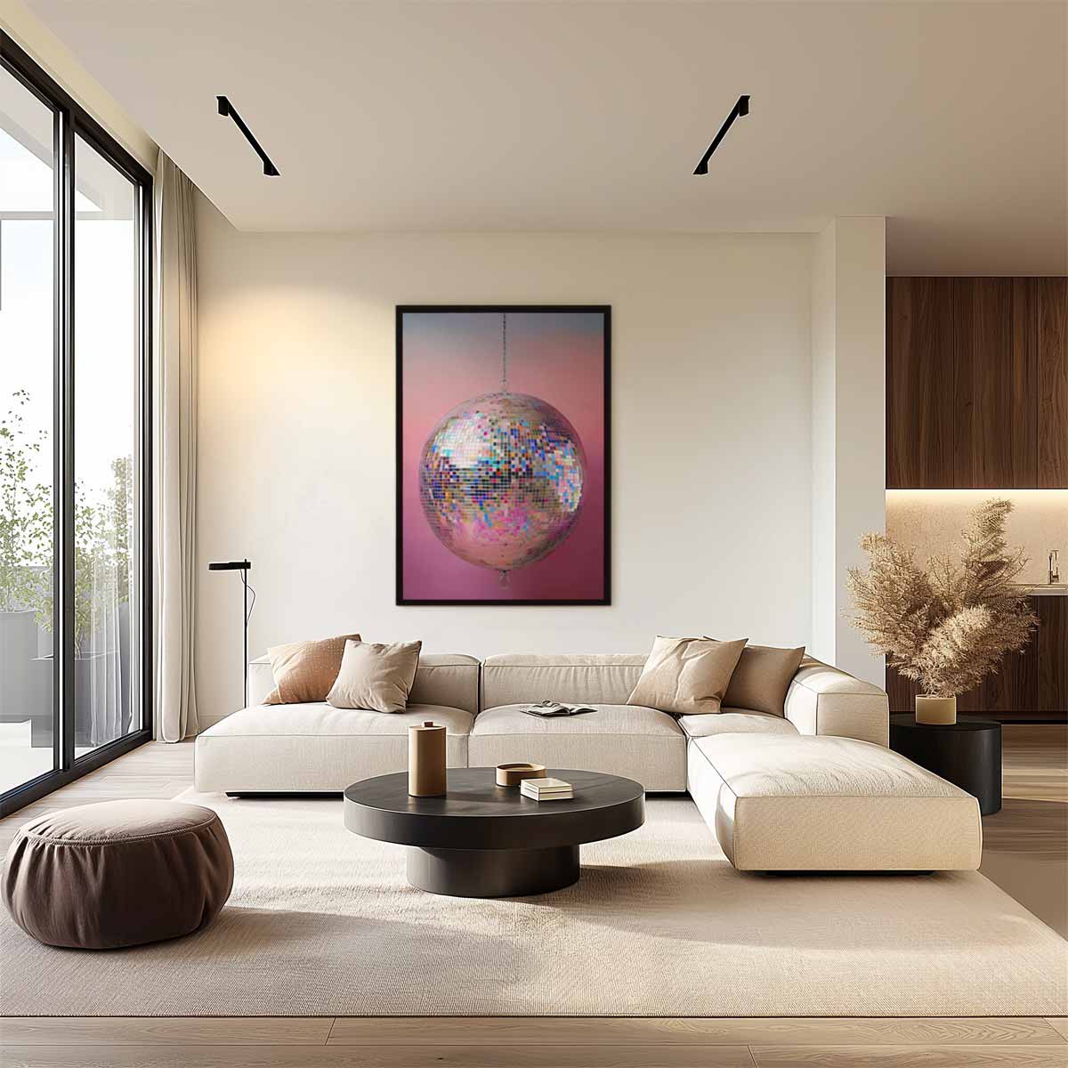 Kleurrijke Discobal op Roze Achtergrond Kunstwerk-canvas-dibond-plexiglas-wanddecoratie-WallArtistic