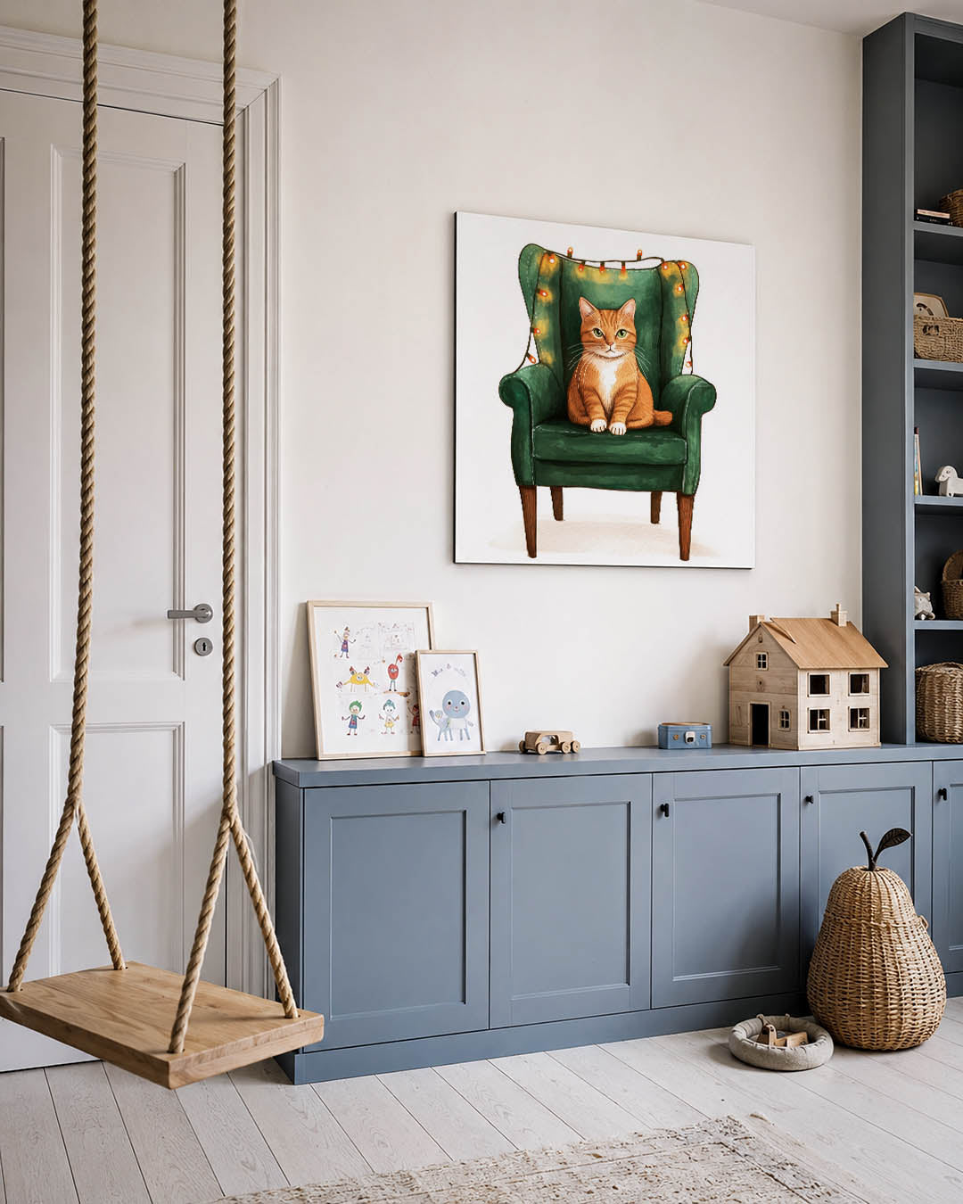 Kat op groene stoel Kunstwerk