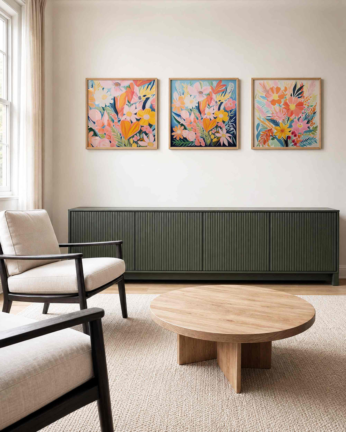 Interieurpresentatie van een driedelige vierkante posterset met kleurrijke bloemen