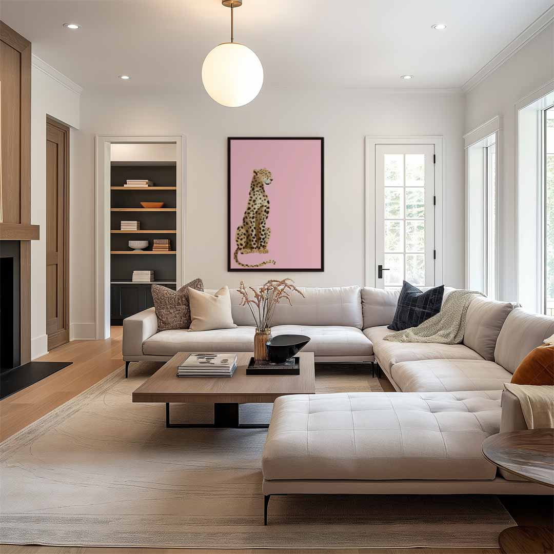 Elegante Luipaard op Roze Achtergrond Kunstwerk-canvas-dibond-plexiglas-wanddecoratie-WallArtistic