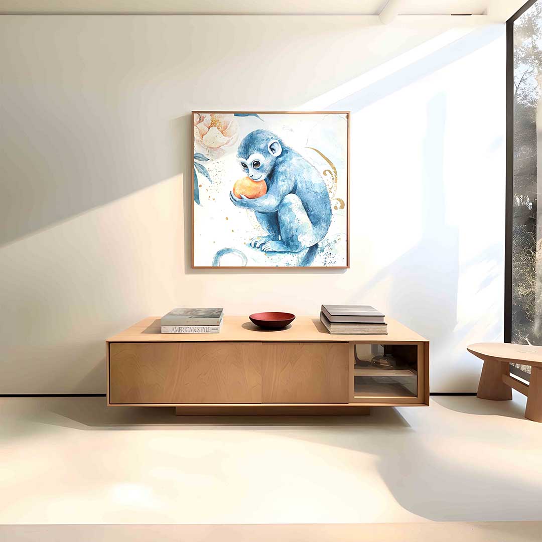 Blauwe aap met sinaasappel Poster