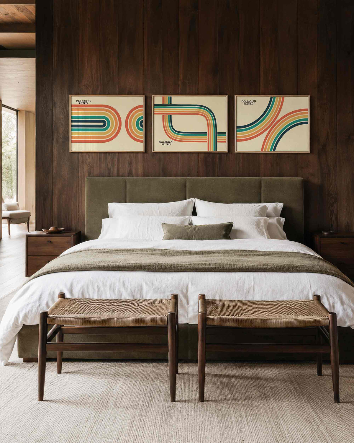 Interieurmockup van drieluik landscape-posterset met golvende retrobanen