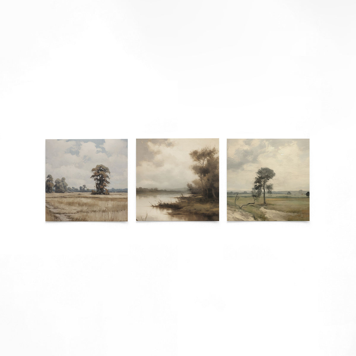 Drie vierkante posters met boomrijk landschap op een gebroken witte achtergrond