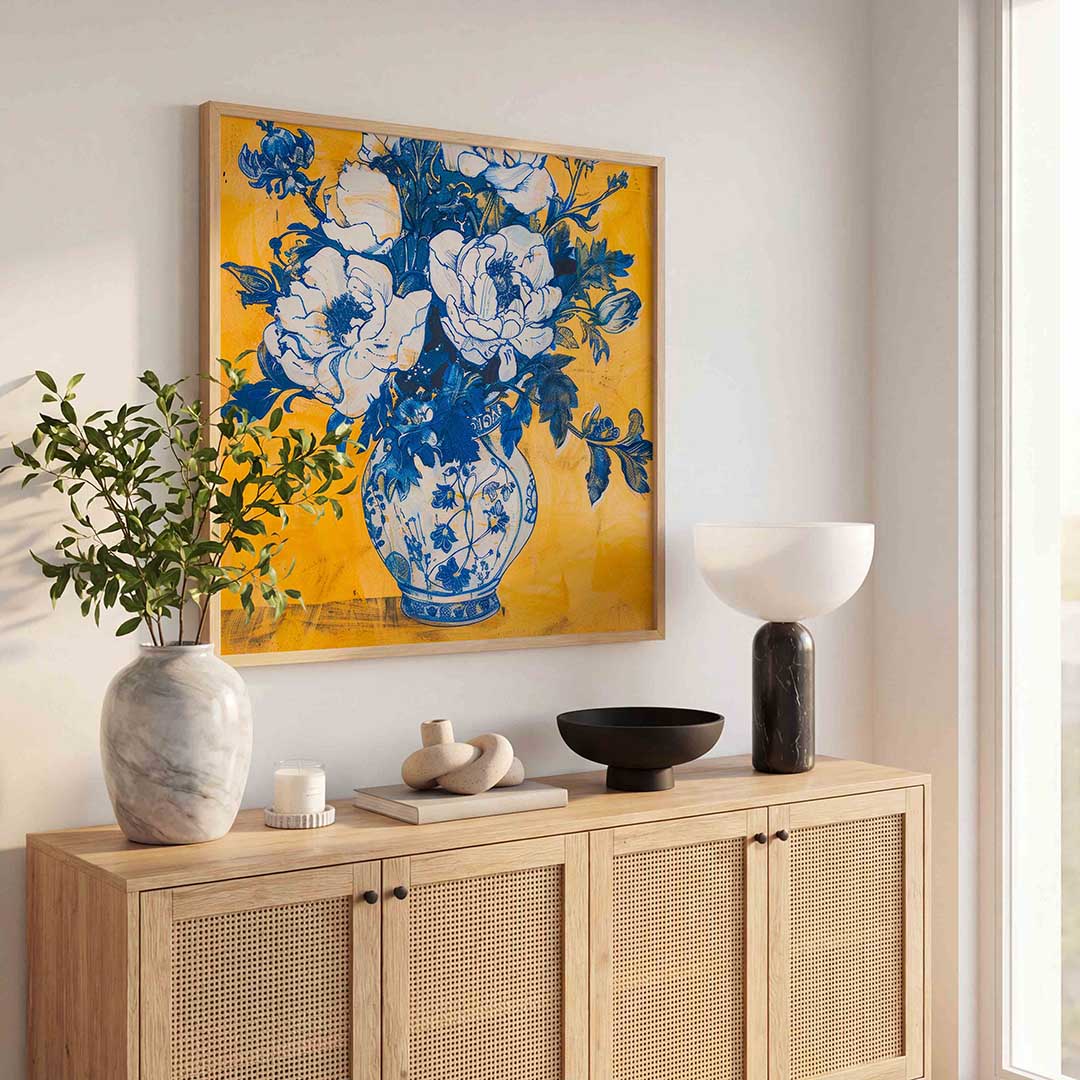 Blauwe bloemen in vaas Poster