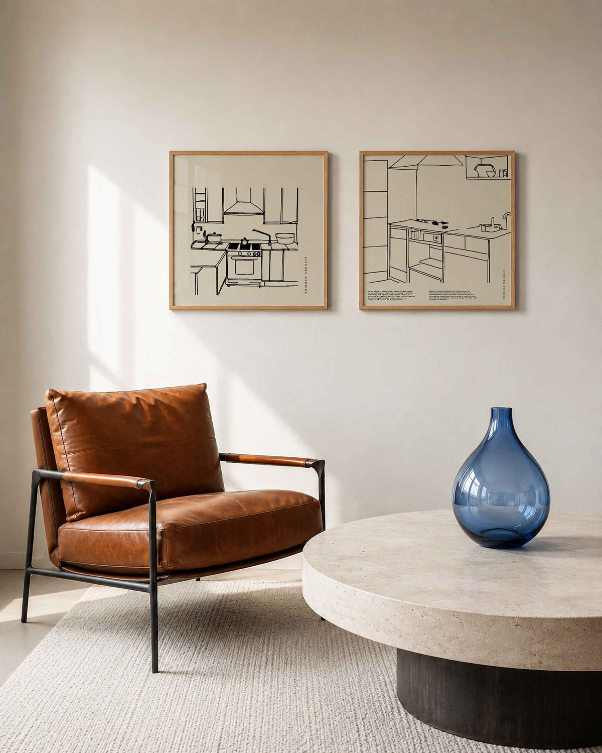 Interieurpresentatie van een tweedelige vierkante posterset met keukenillustraties