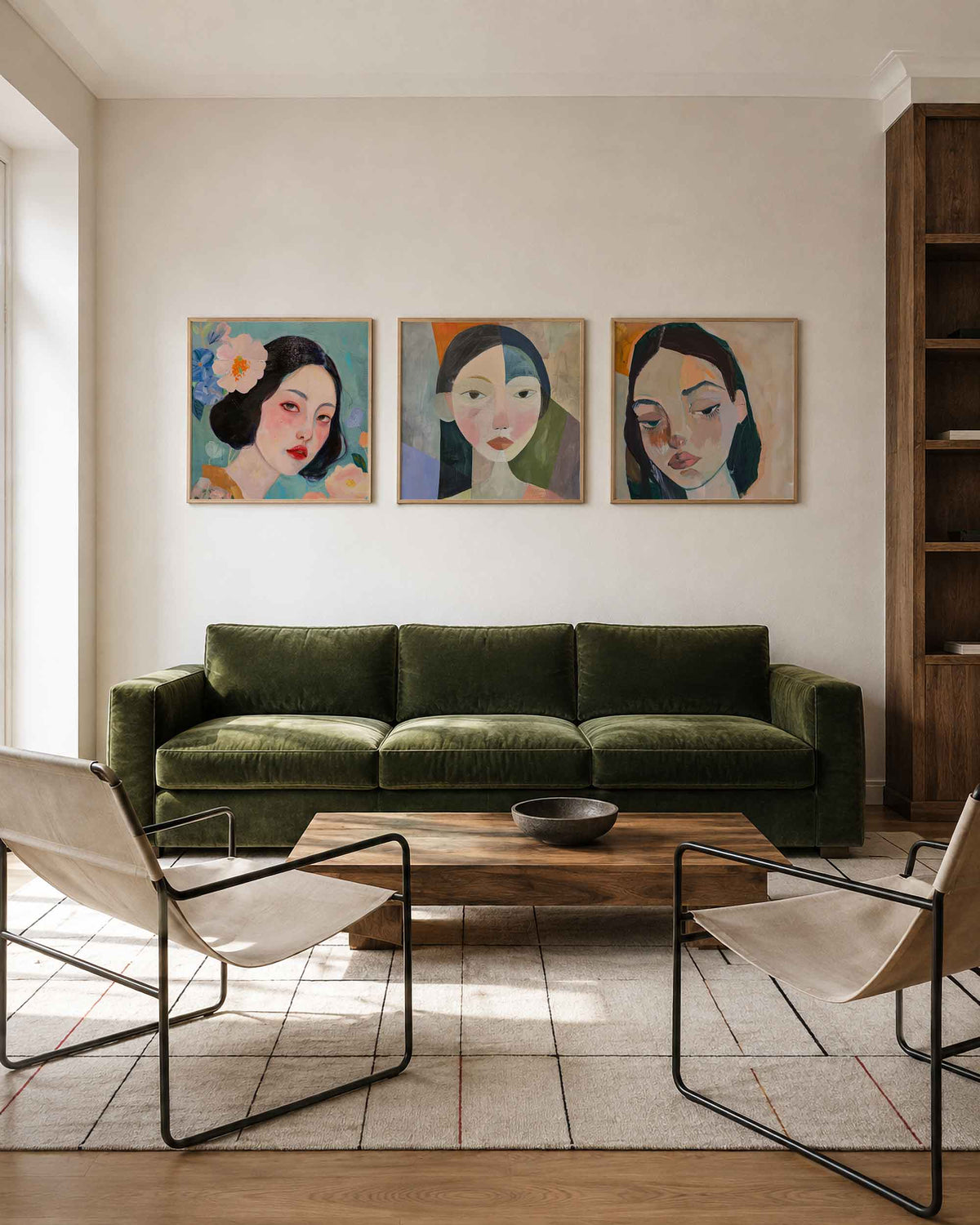 Interieurpresentatie van een driedelige vierkante posterset met vrouwengezichten kunst
