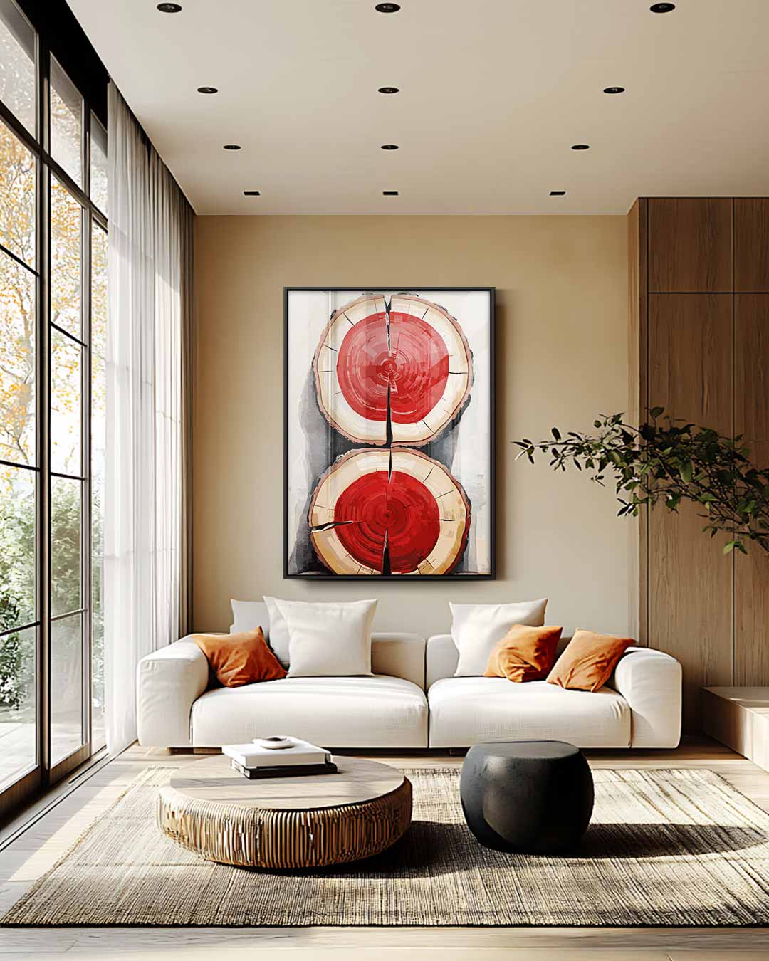 Houtschijven met Knallend Rood Kunstwerk-canvas-dibond-plexiglas-wanddecoratie-WallArtistic