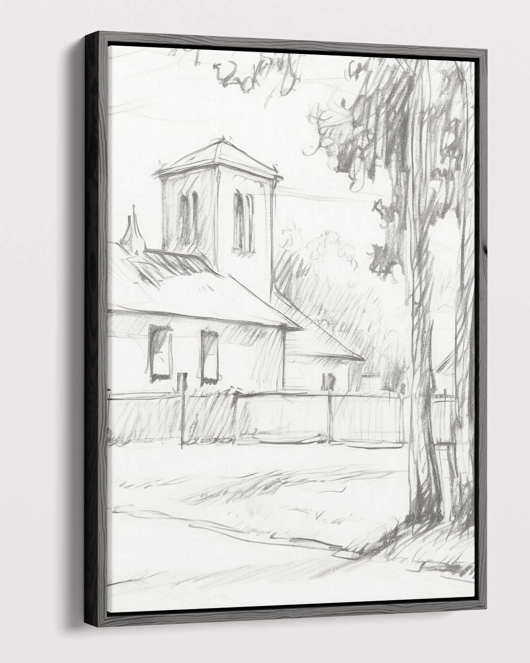 Dorpskerk en Bomen Kunstwerk-canvas-dibond-plexiglas-wanddecoratie-WallArtistic