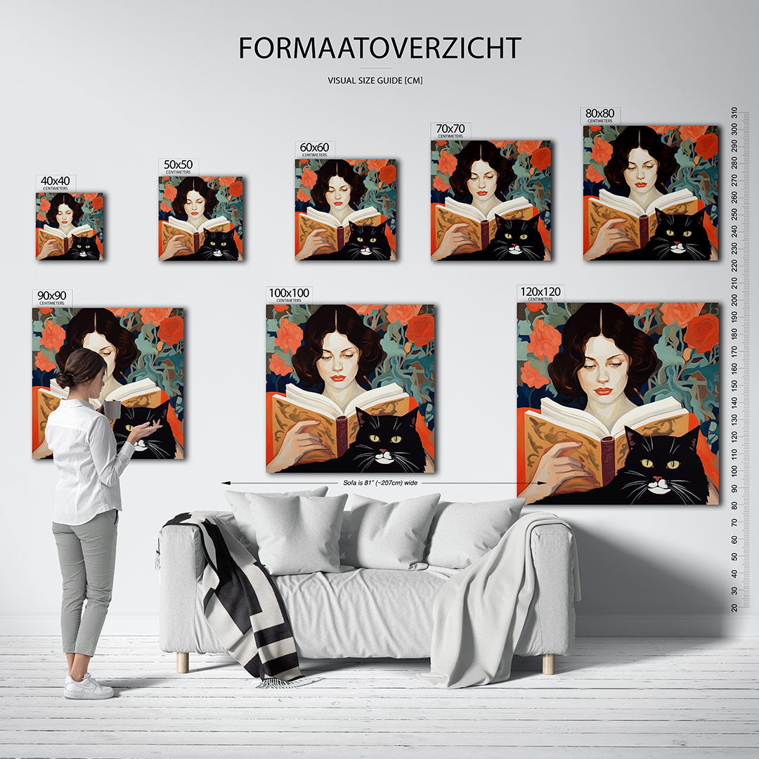 Vrouw met kat en boek Kunstwerk