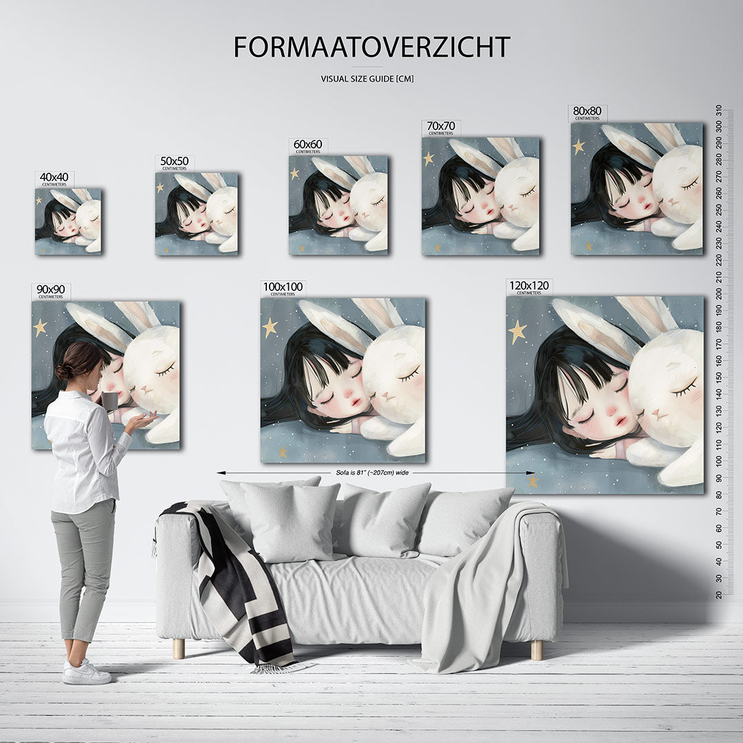 Dromerig kind en konijn Kunstwerk