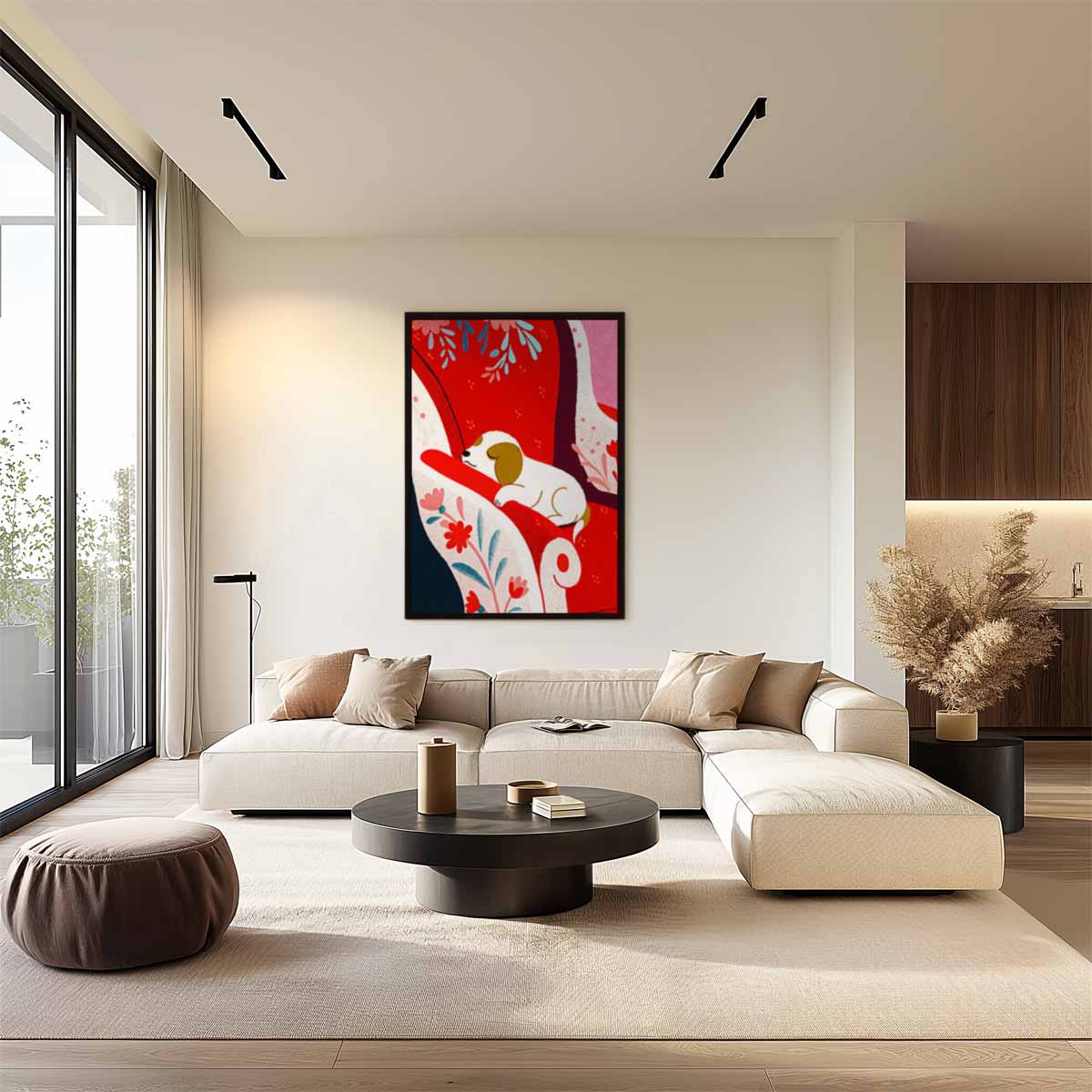 Dromerige Hond op Rode Stoel Kunstwerk-canvas-dibond-plexiglas-wanddecoratie-WallArtistic