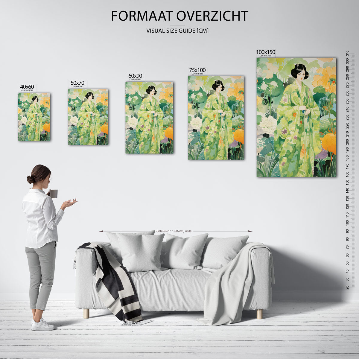 Vrouw in bloementuin Kunstwerk