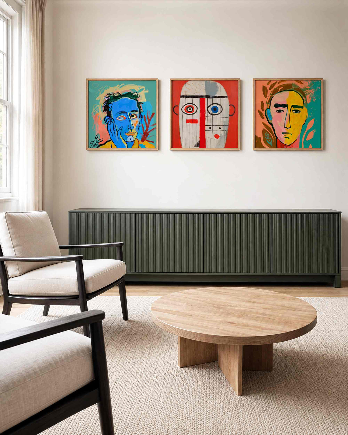 Interieurpresentatie van een driedelige vierkante posterset met abstracte gezichten