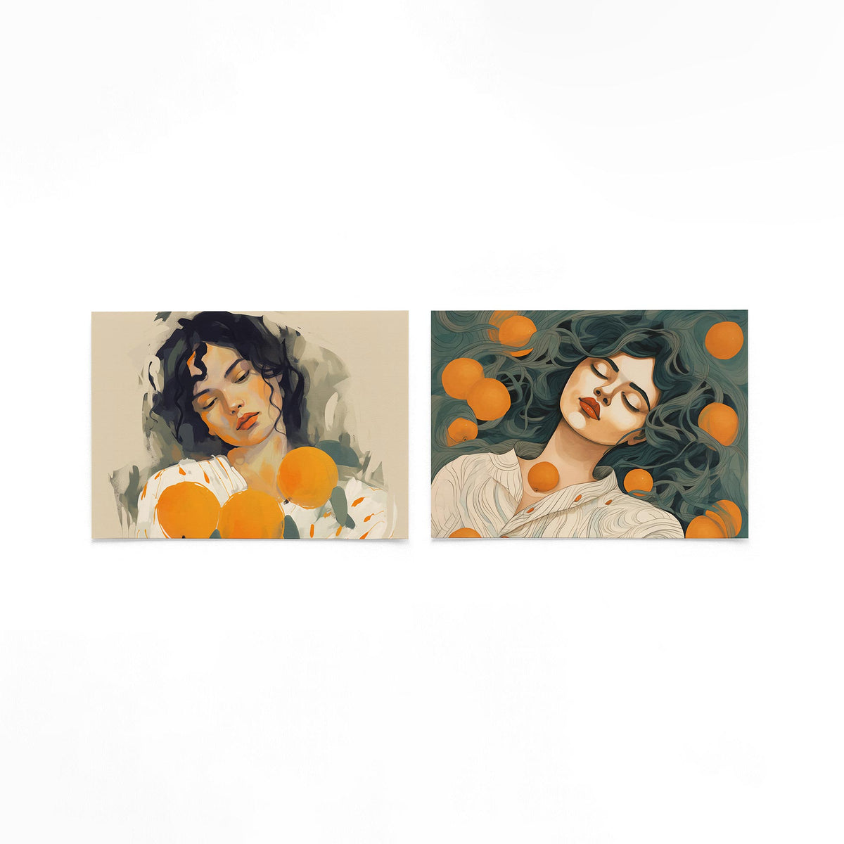 Twee liggende posters met een zachte compositie van vloeiende lijnen en warme kleuren op een gebroken witte achtergrond