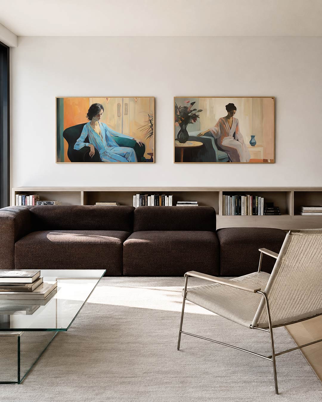 Tweedelige posterset met een vrouw in een blauwe outfit in een donkere stoel, getoond in een interieur