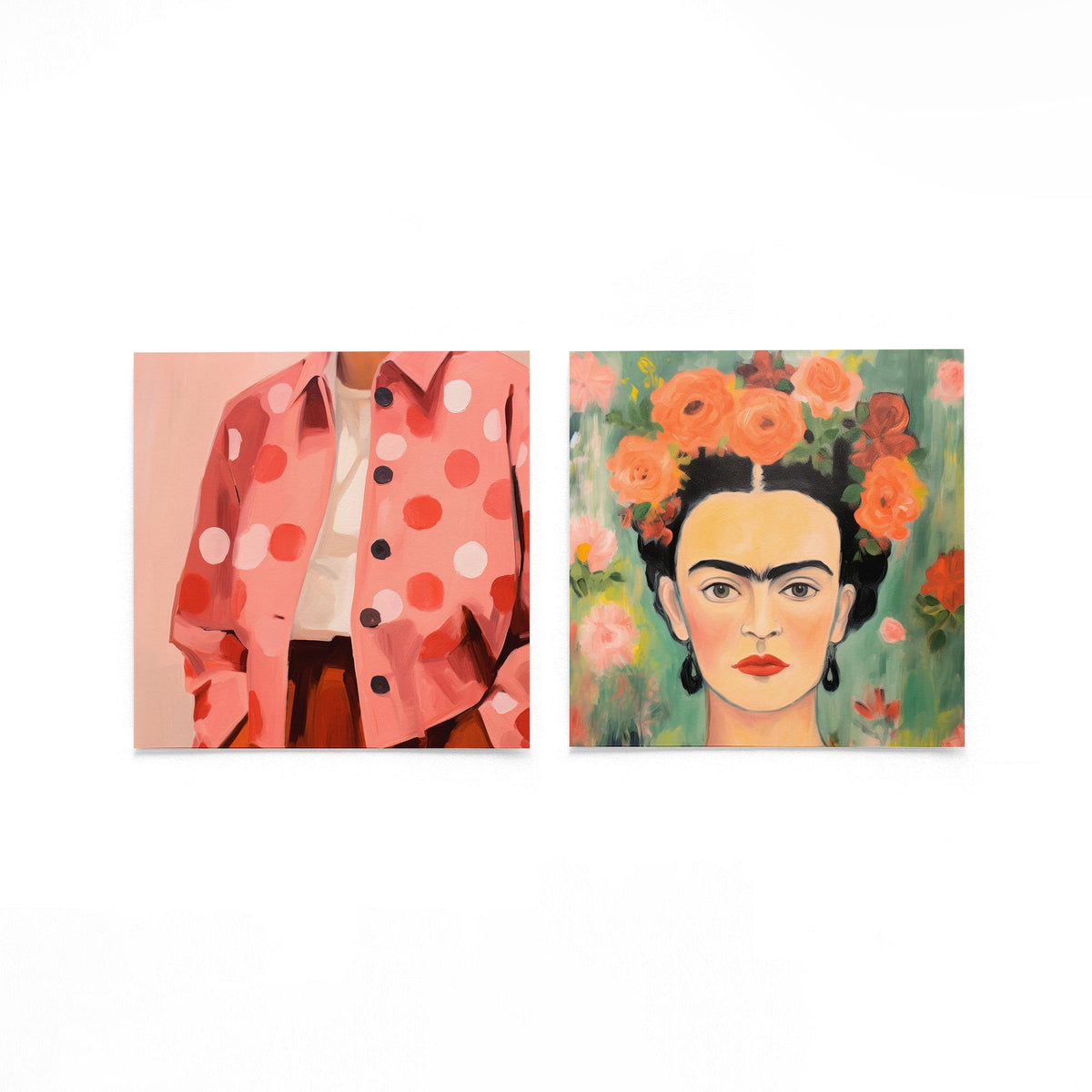 Twee vierkante posters met gestippelde jas en bloemenportret op een gebroken witte achtergrond