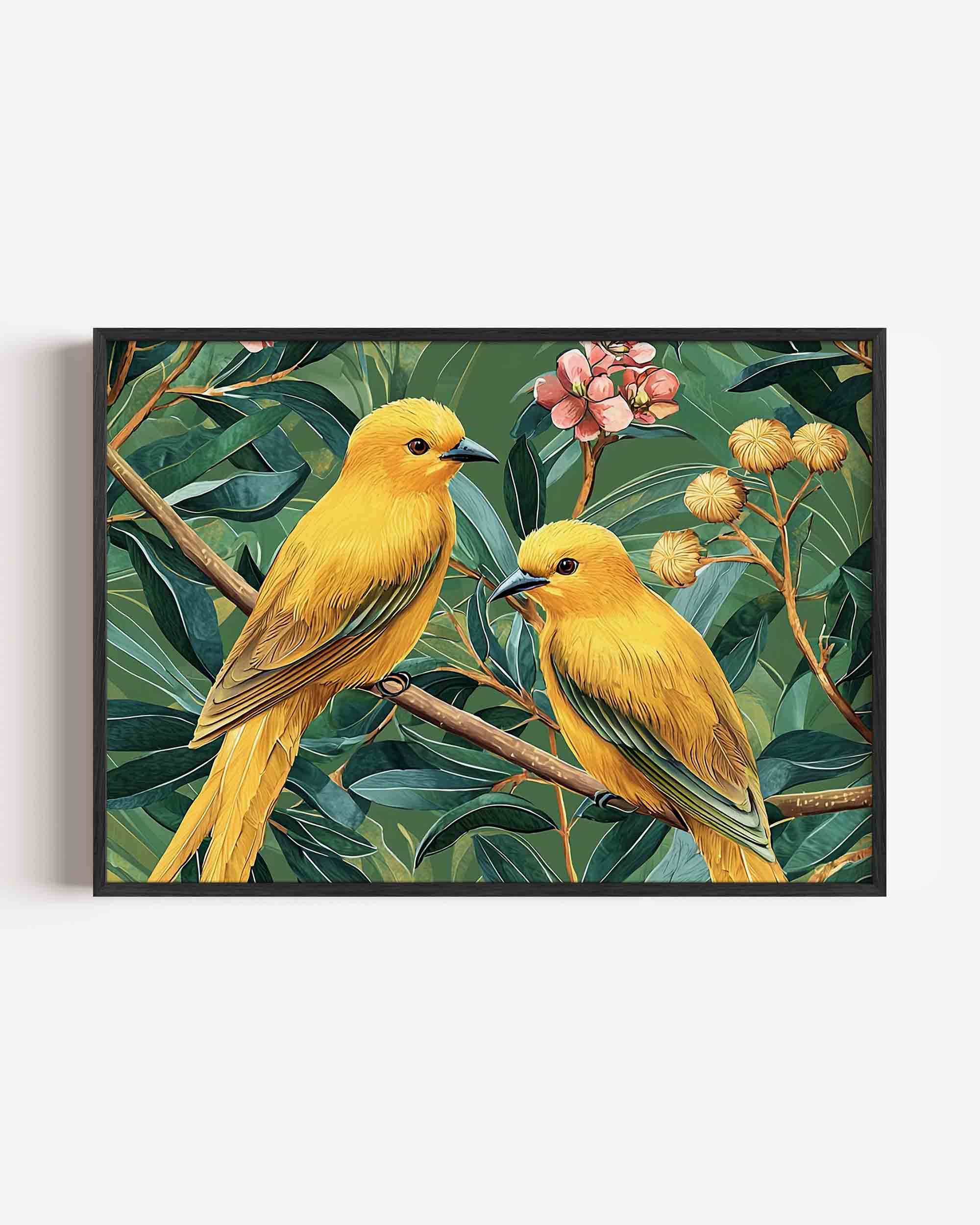 Gele vogels en bladeren Poster