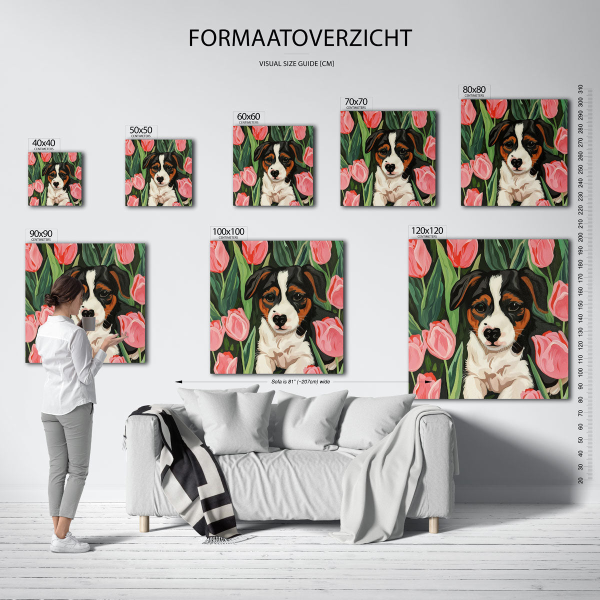 Hond tussen tulpen Poster