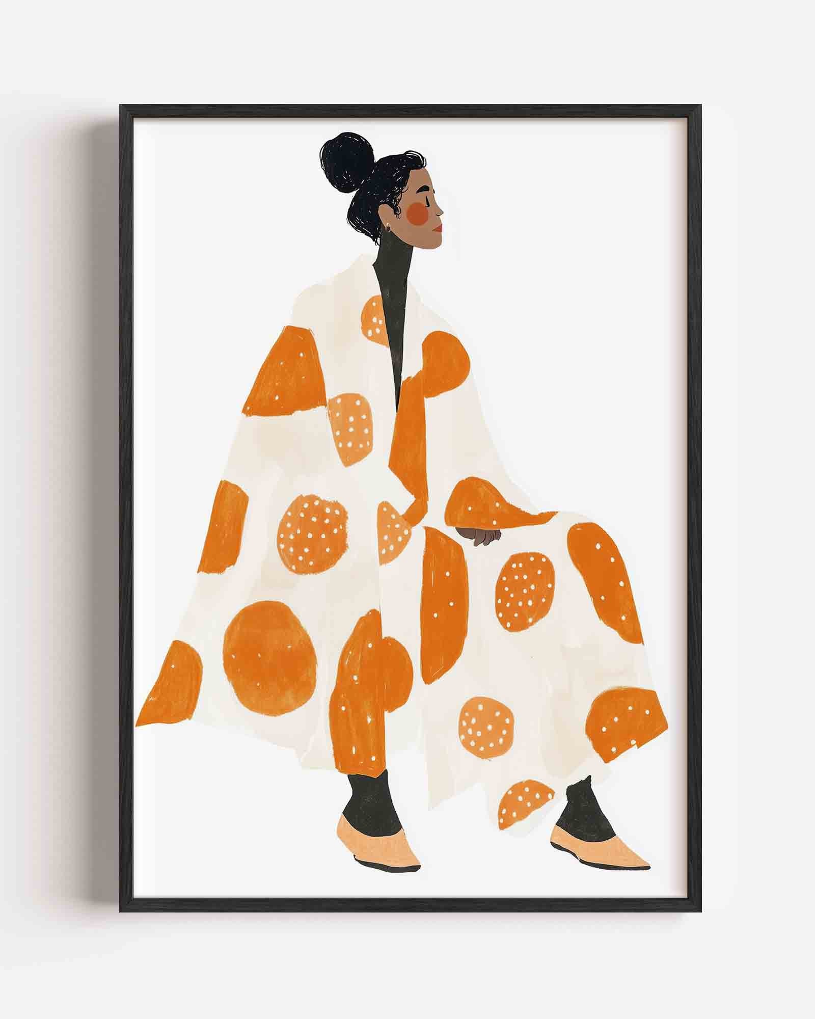 Vrouw in oranje en witte stippen Poster