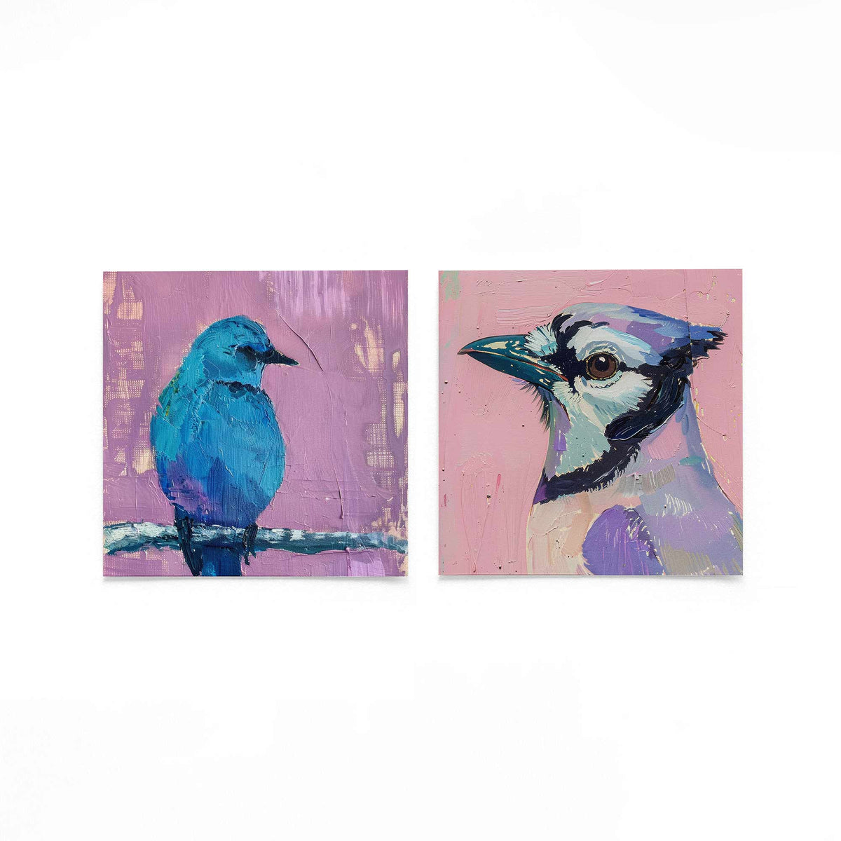 Twee vierkante posters met blauwe vogels op een gebroken witte achtergrond