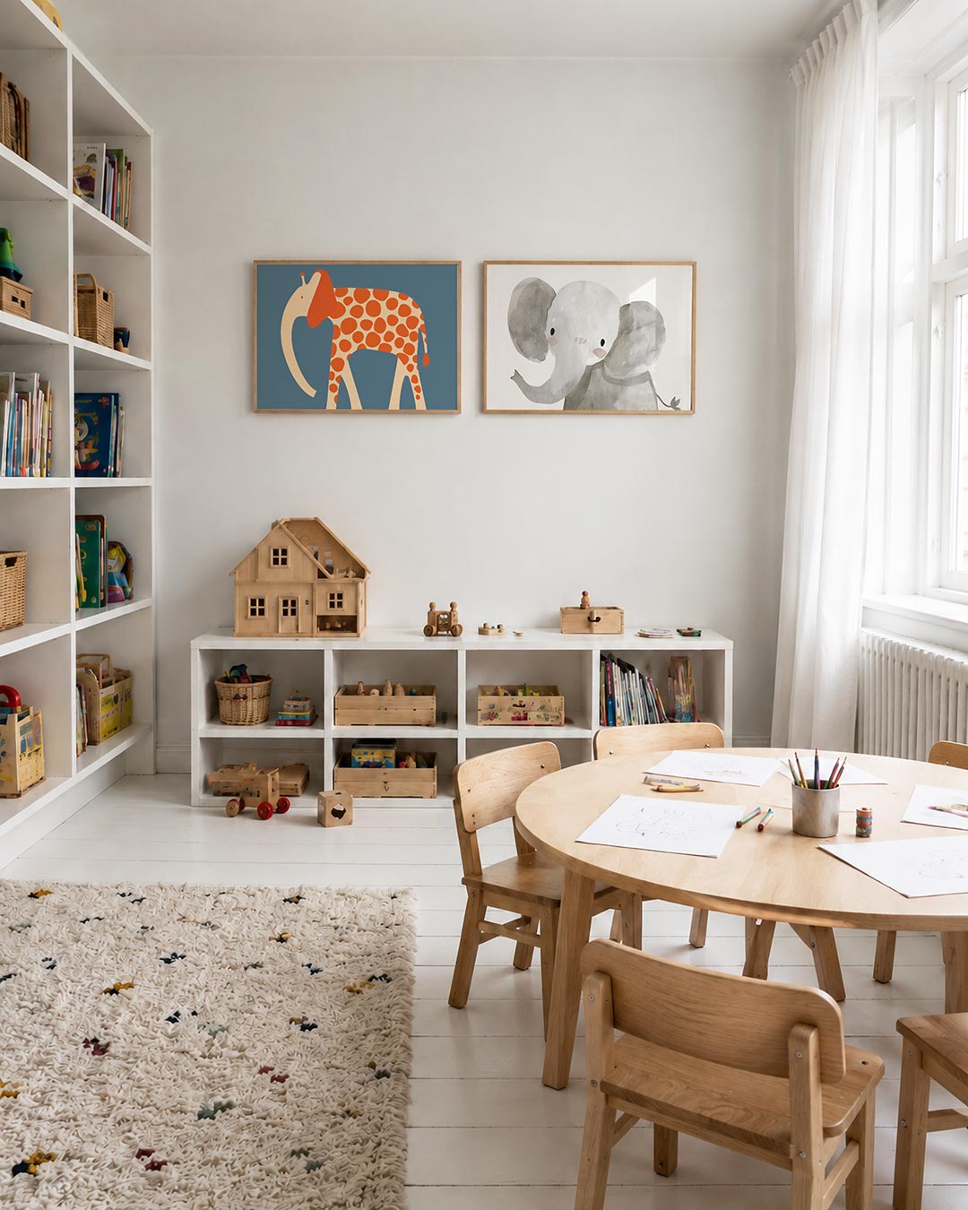 Tweedelige posterset met een speelse olifant met oranje stippen op een beige lichaam, getoond in een interieur