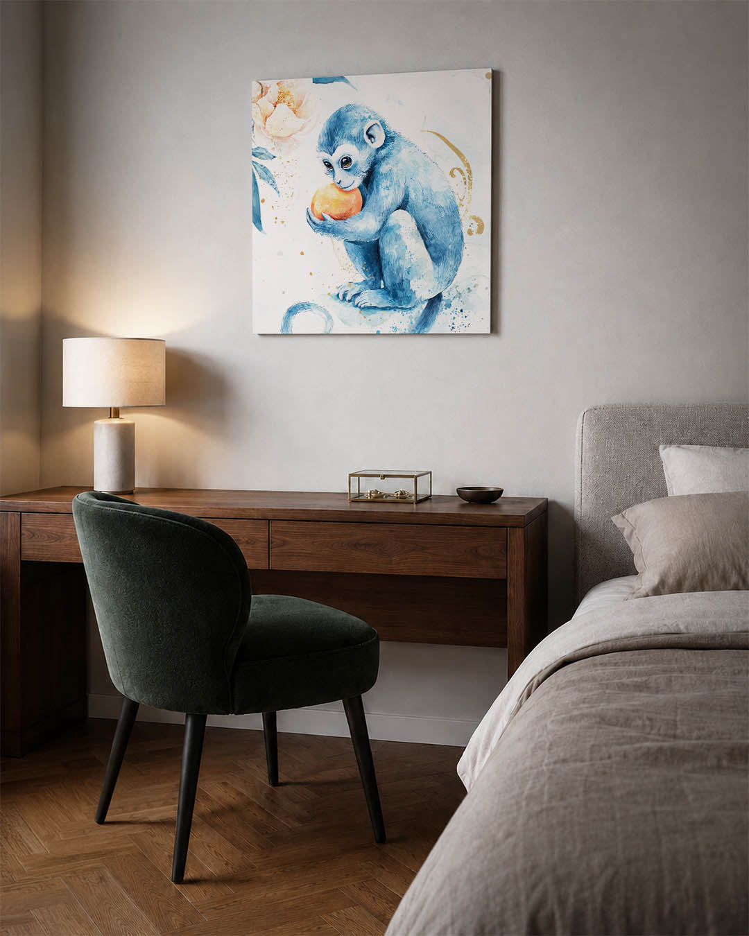 Speelse blauwe aap Kunstwerk
