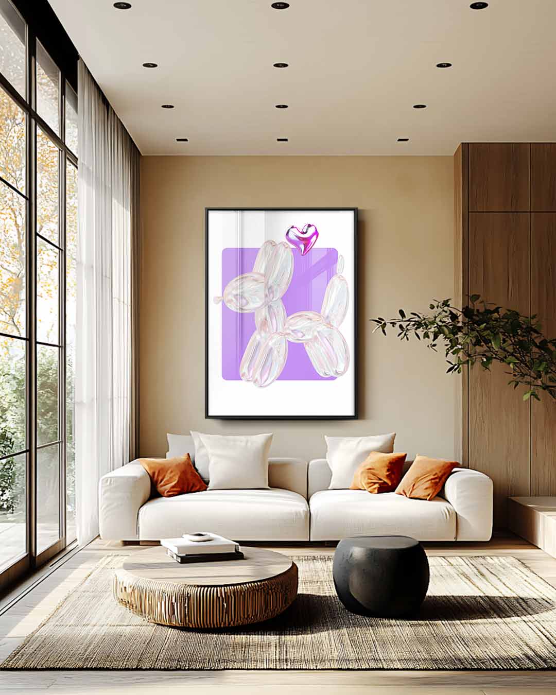 Speelse Ballonhond met Hartje Kunstwerk-canvas-dibond-plexiglas-wanddecoratie-WallArtistic