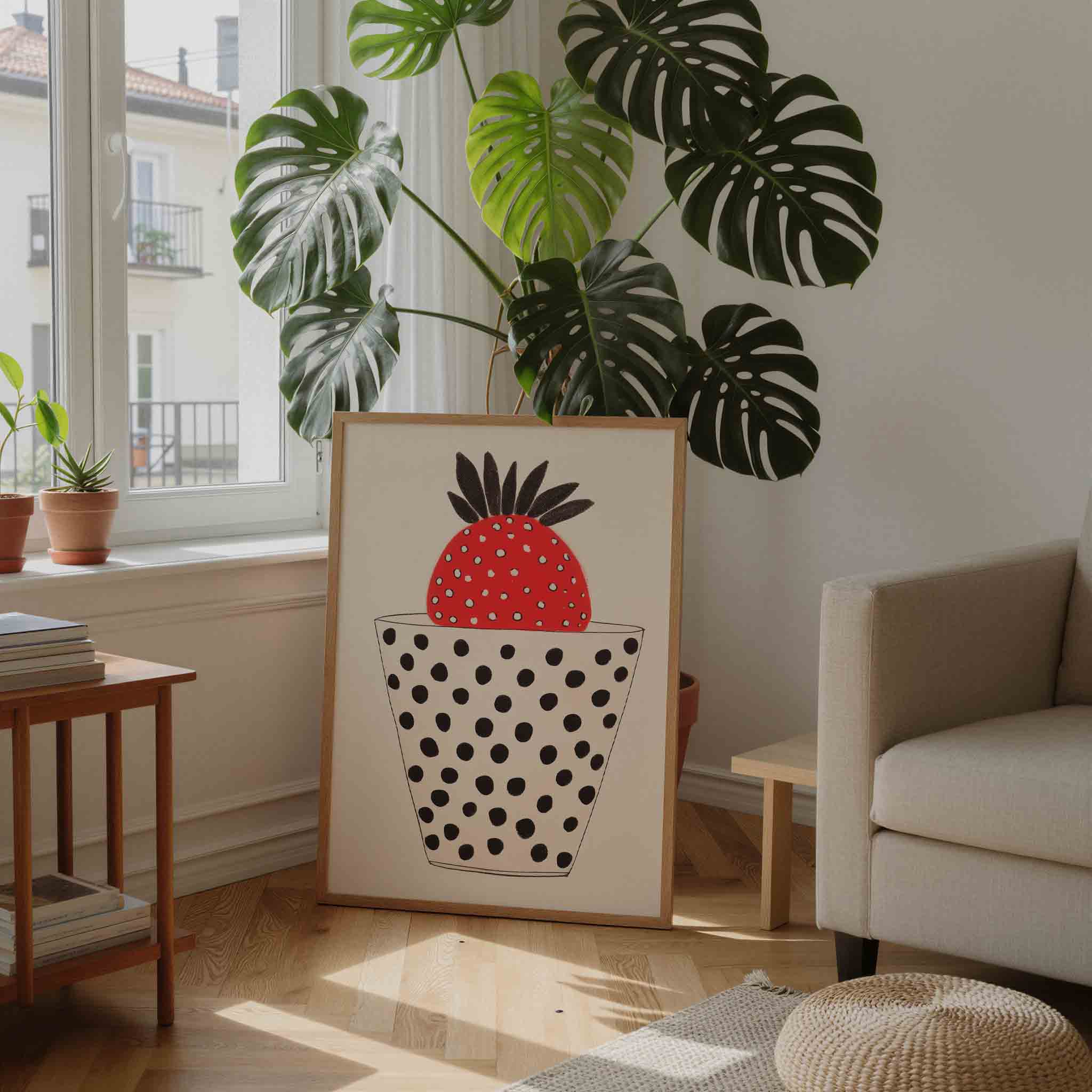 Aardbei in gestippelde vaas Poster
