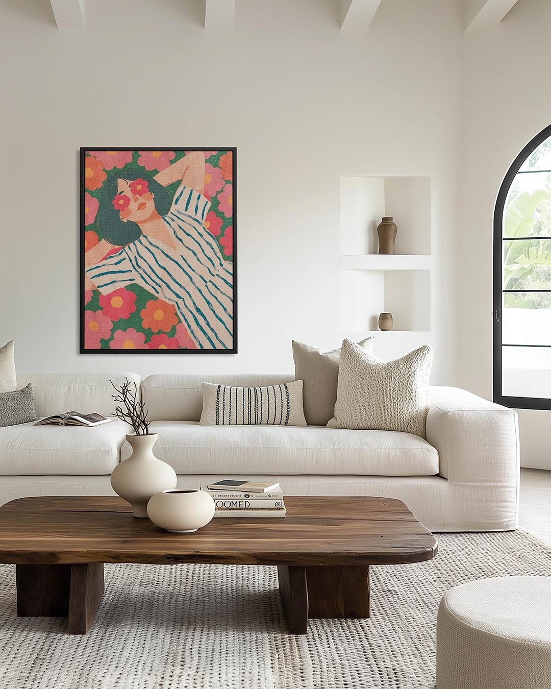 Vrouw in bloemenveld Kunstwerk