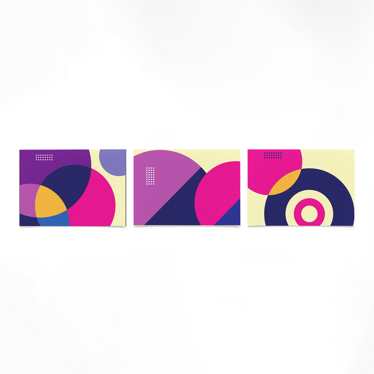 Drie landscape posters met cirkels in krachtige kleuren als vrijstaande productfoto