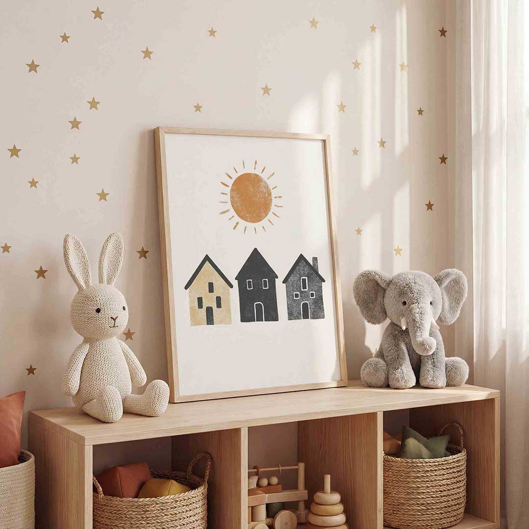 Drie huizen en zon Poster