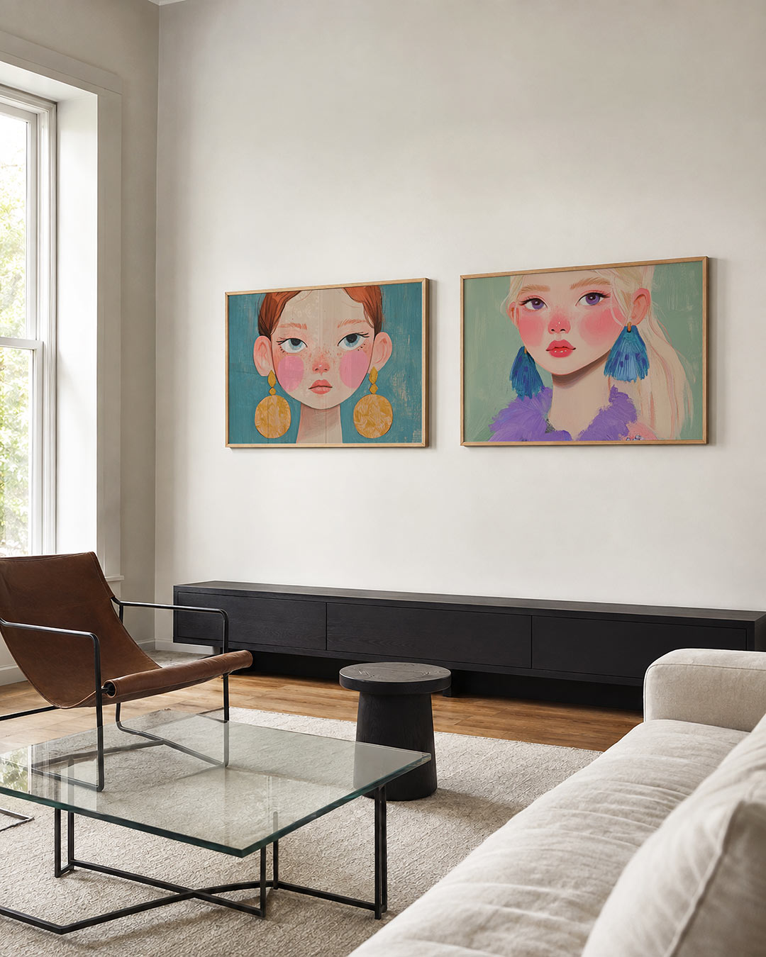 Tweedelige posterset met donkere tinten en een rustige visuele opbouw, getoond in een interieur