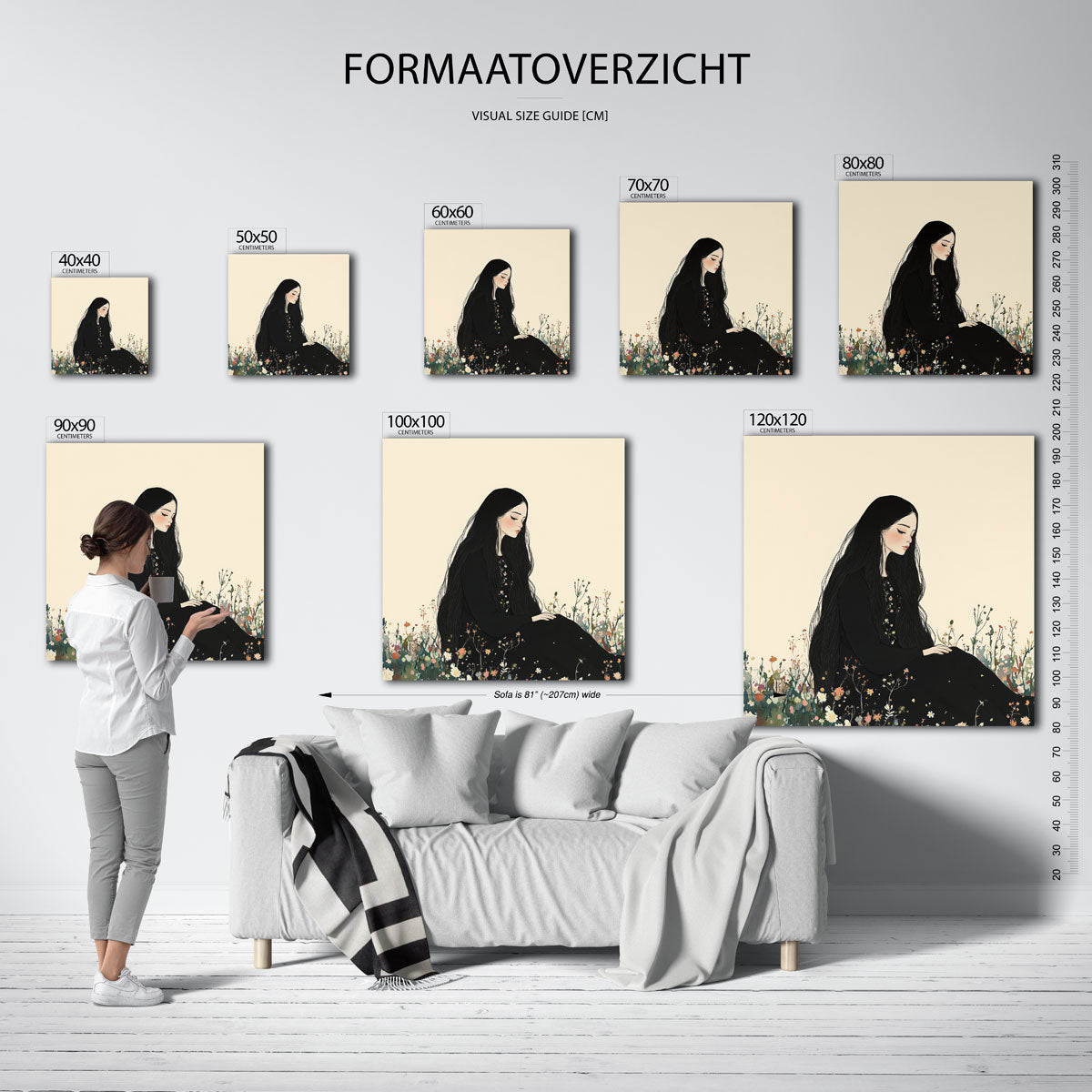 Zittende vrouw in bloemenveld Poster