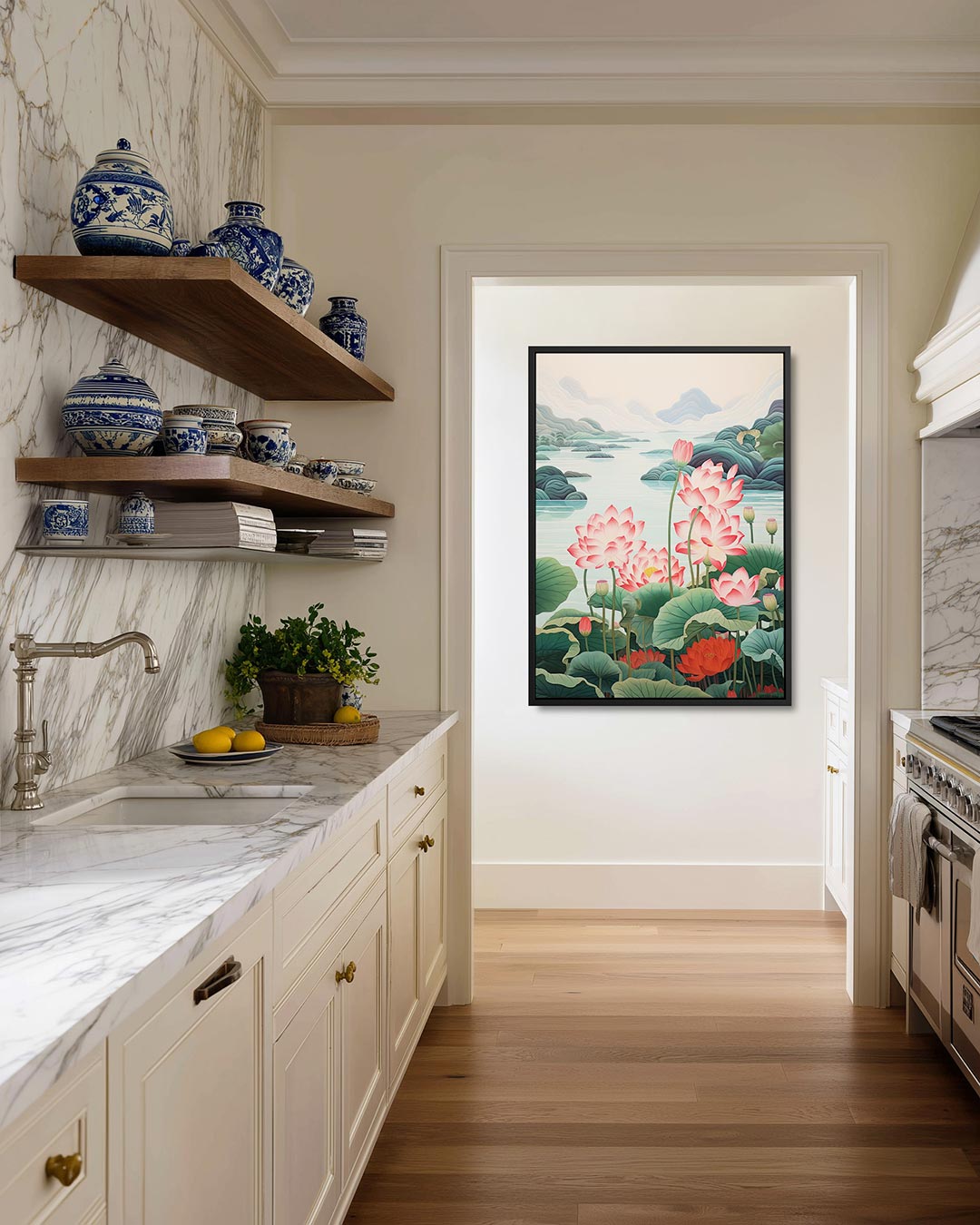 Lotusbloemen en bergen Kunstwerk