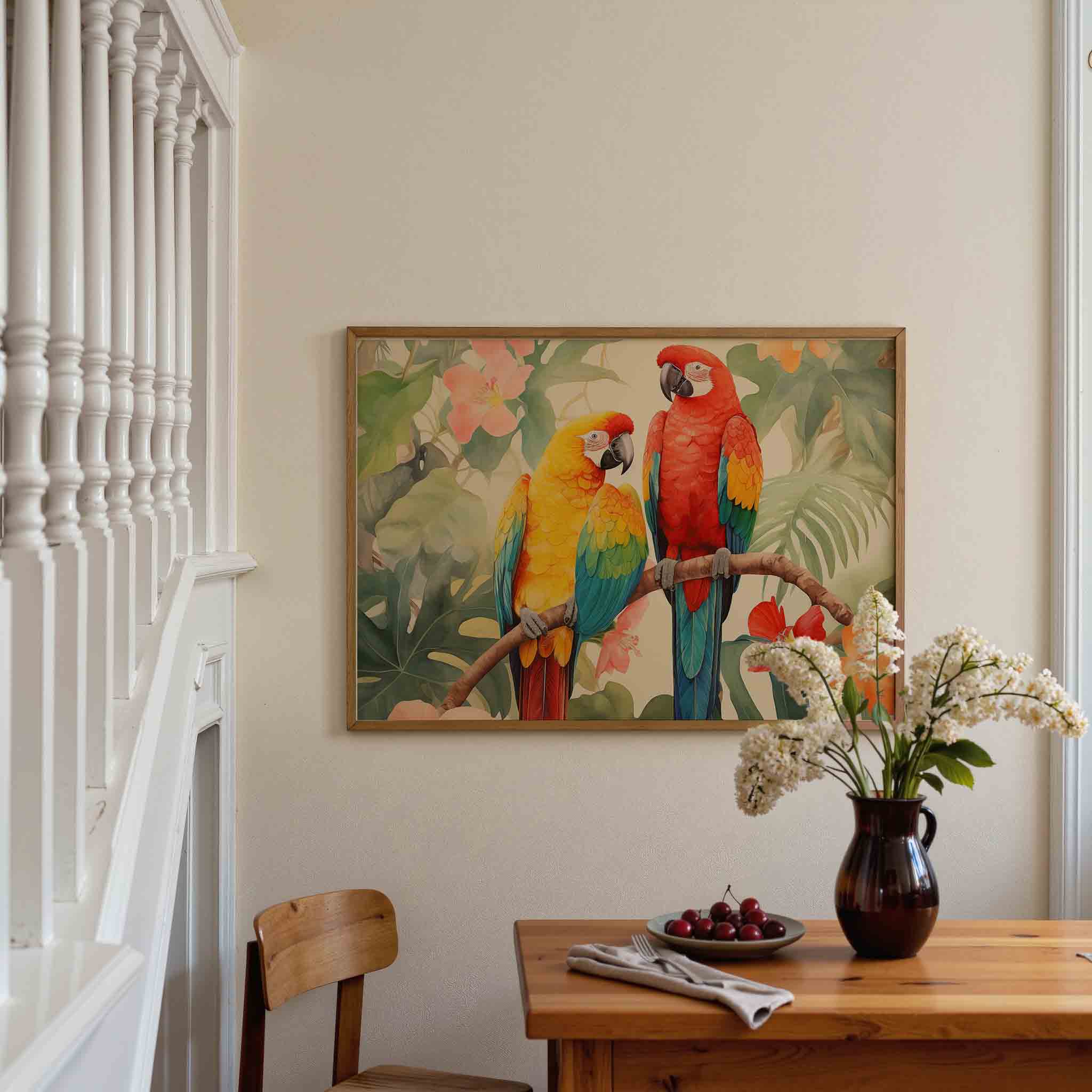 Papegaaien en bloemen Poster