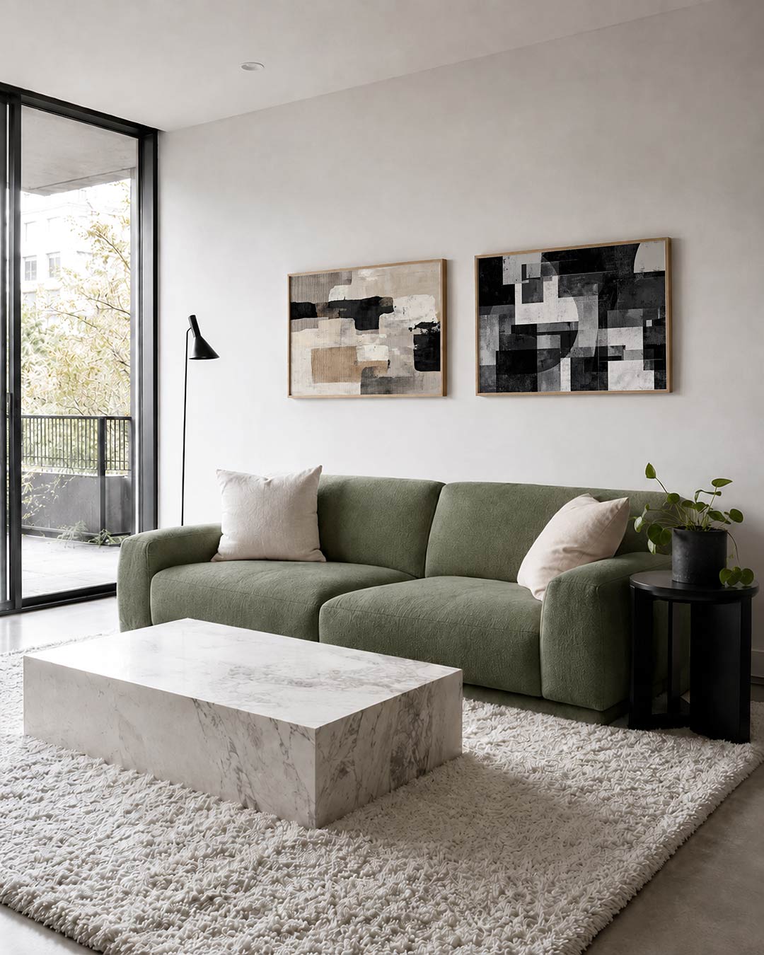 Tweedelige posterset met een spel van rechthoekige kleurvlakken in zwart, wit, beige en grijs, getoond in een interieur