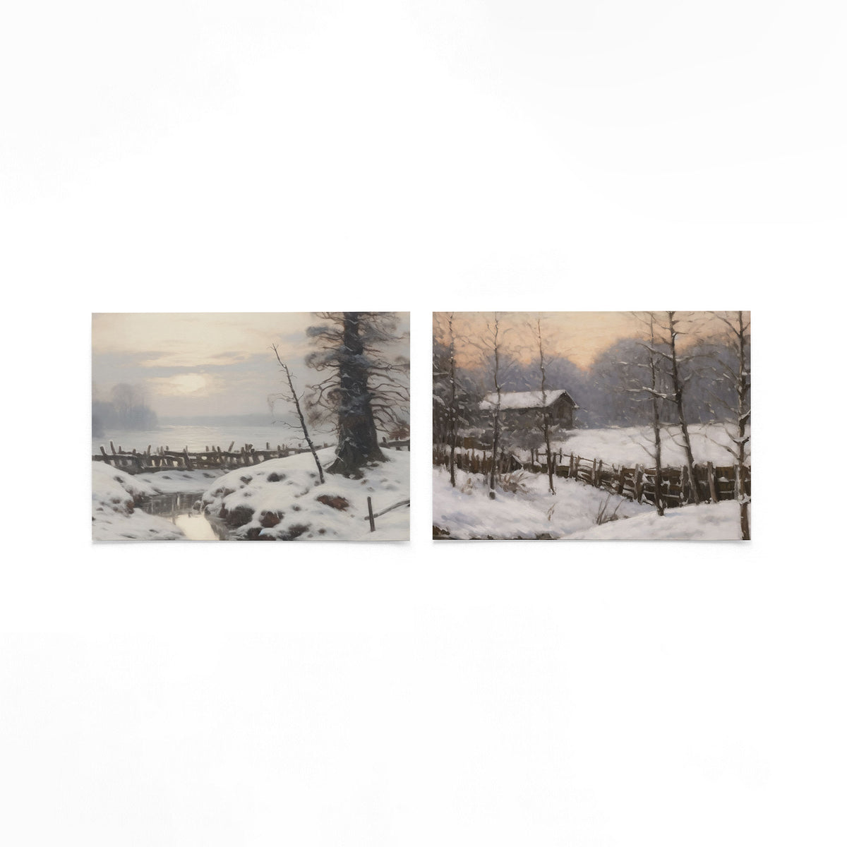 Twee liggende posters met een serene winterlandschap met zachte sneeuwvlakken op een gebroken witte achtergrond