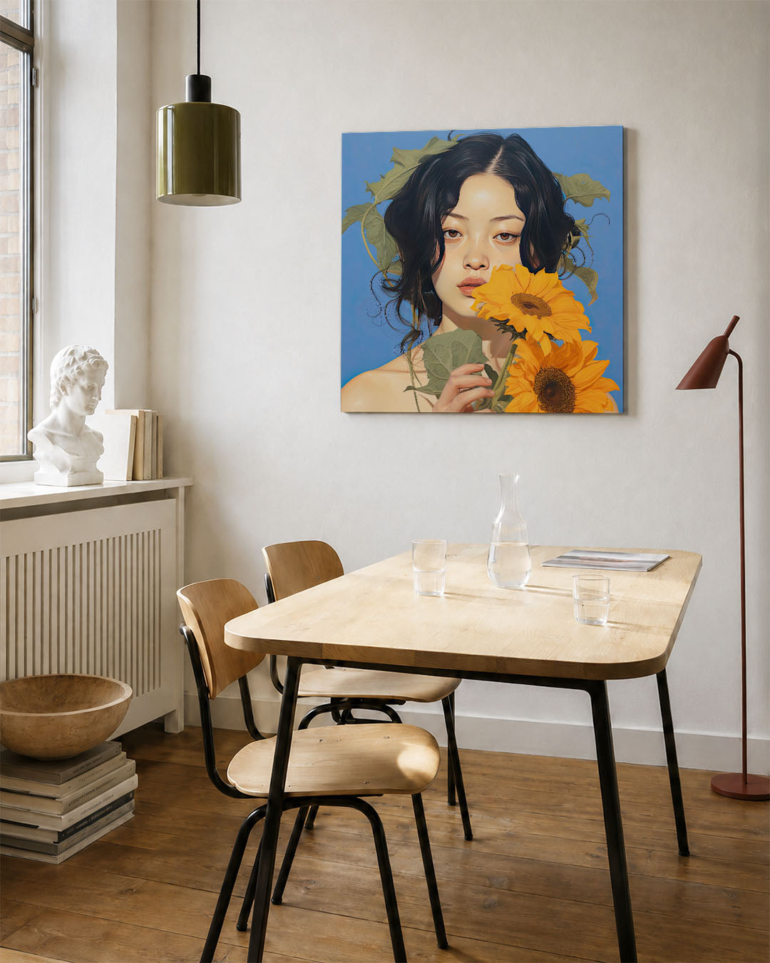 Vrouw met zonnebloemen Kunstwerk