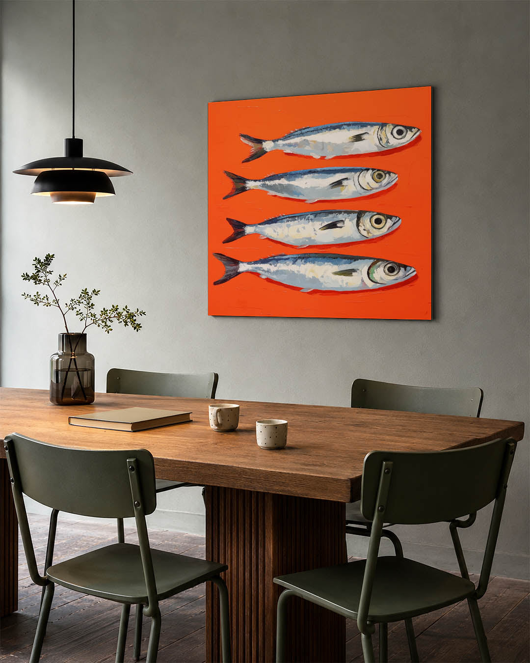 Vissen op fel oranje Kunstwerk