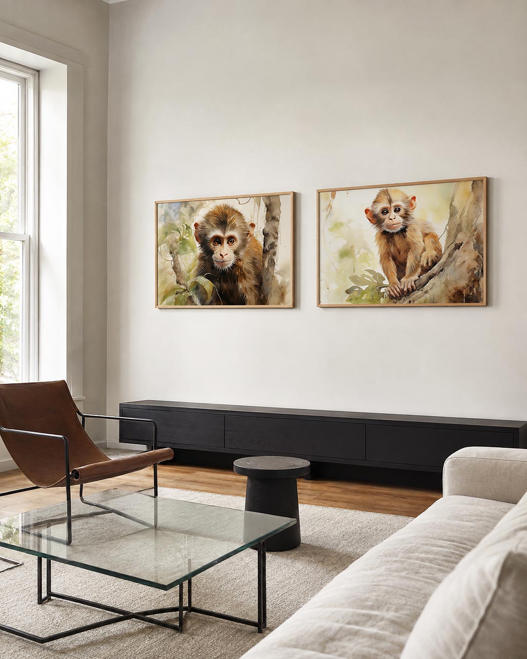 Interieurbeeld met twee liggende posters: donkere tinten en een rustige visuele opbouw